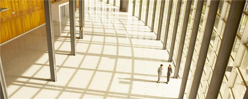 Two women standing by the windows in a huge hallway talking