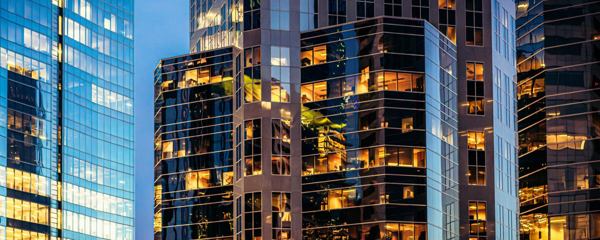 Office buildings at sunset.