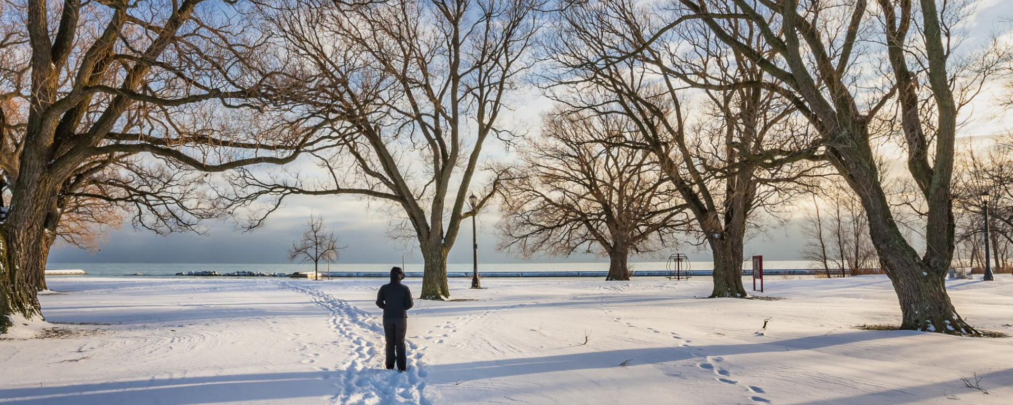Person walking on snowy path near lake.