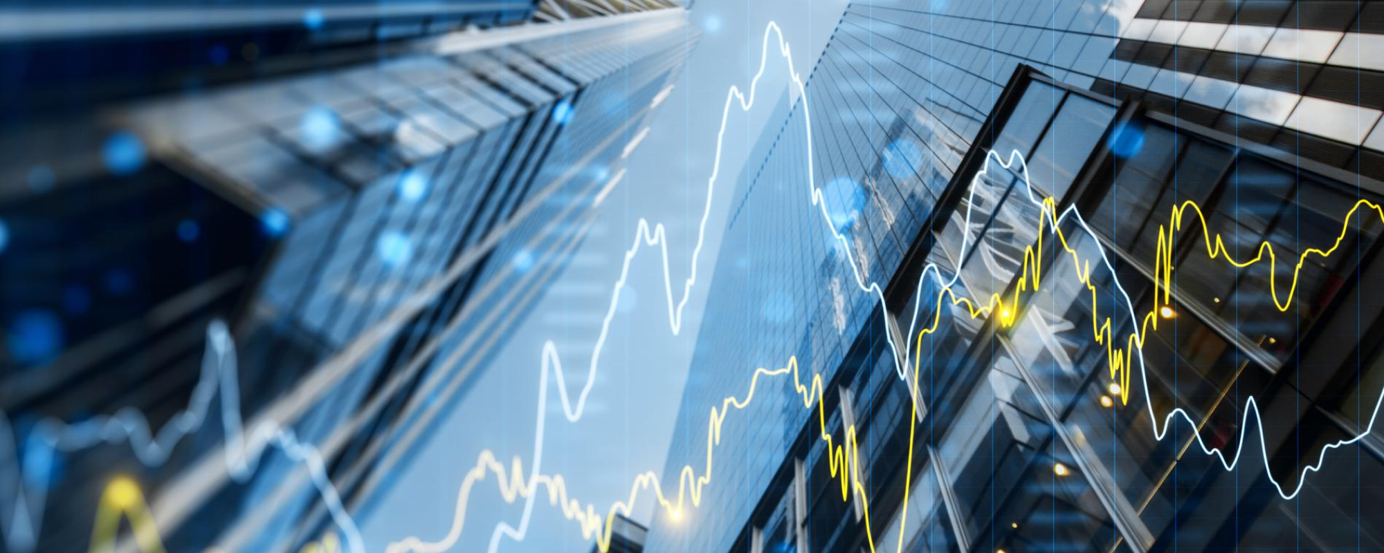 office buildings with stock ticker line graph superimposed